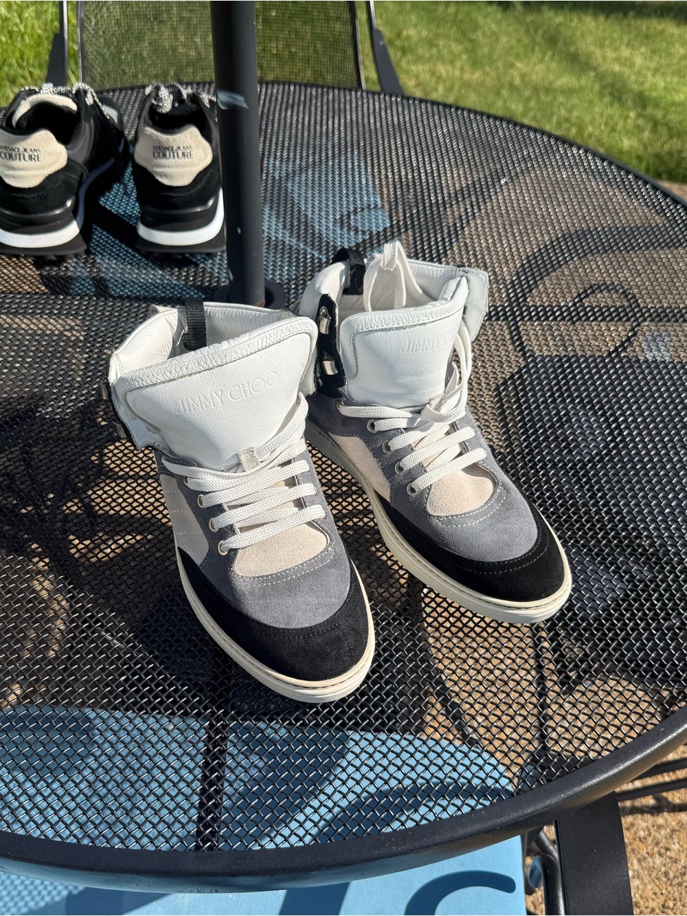 Jimmy Choo Gray Black Cream Suede & Leather High-Top Sneakers